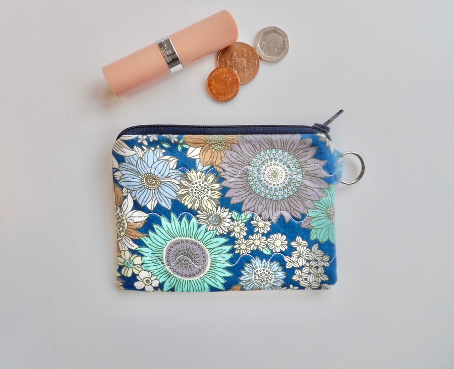Coin purse in floral fabric blue mauve teal