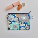 Coin purse in floral fabric blue mauve teal