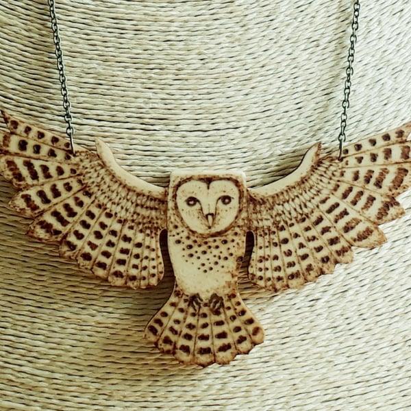 Large pyrography barn owl pendant