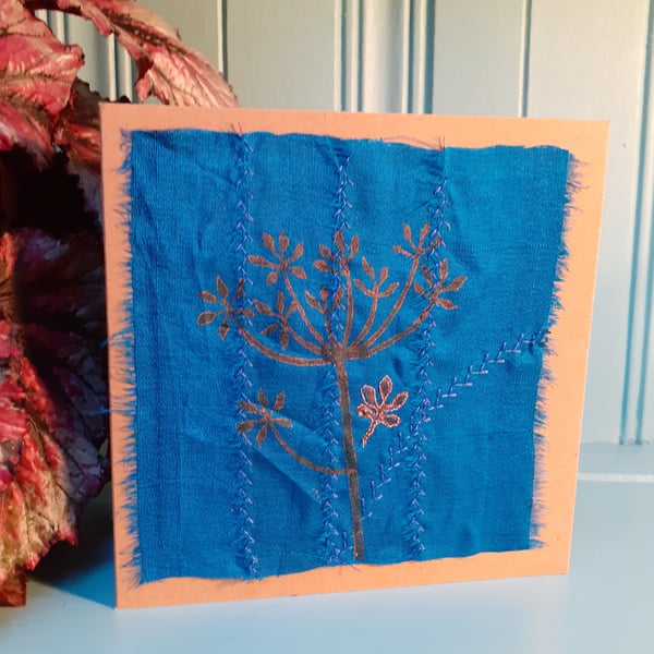 Blue and copper - stitched and printed sari silk ribbon card