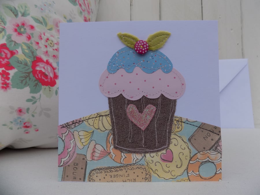 Greetings Card Original Stitched Fabric Card Cup Cake Design Birthday Blank