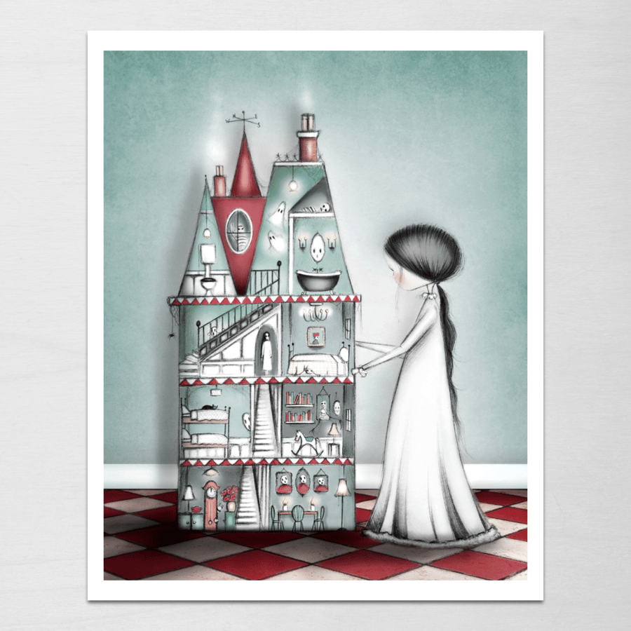 Creepy Dollhouse Giclée Print - Halloween Art - Whimsical Illustration