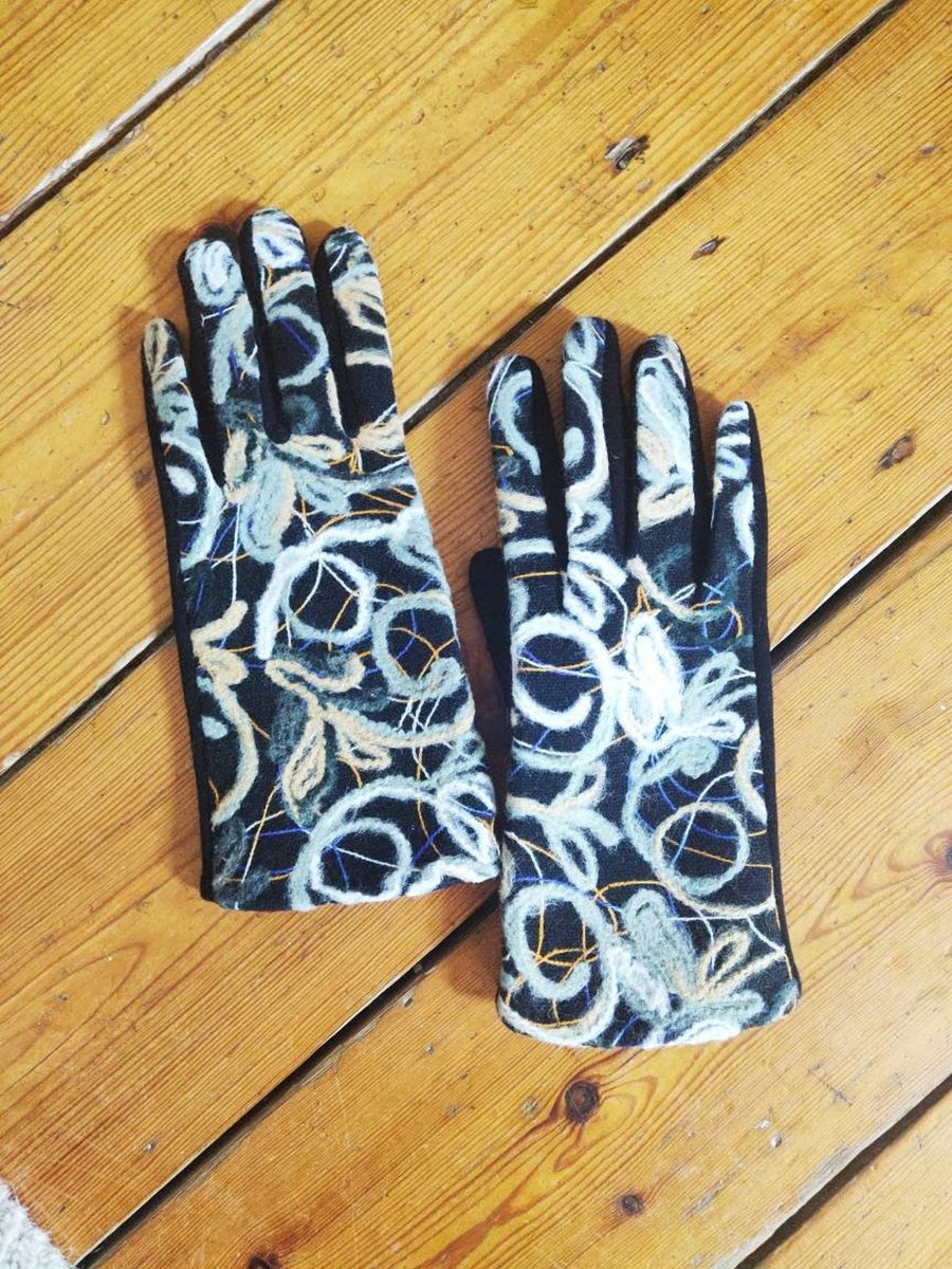 Black jersey gloves machine embroidered felted abstract