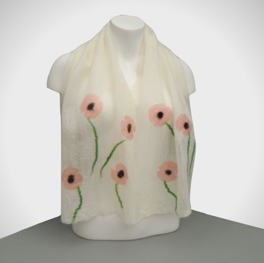 Natural white nuno felted scarf with poppy embellishment with gift box