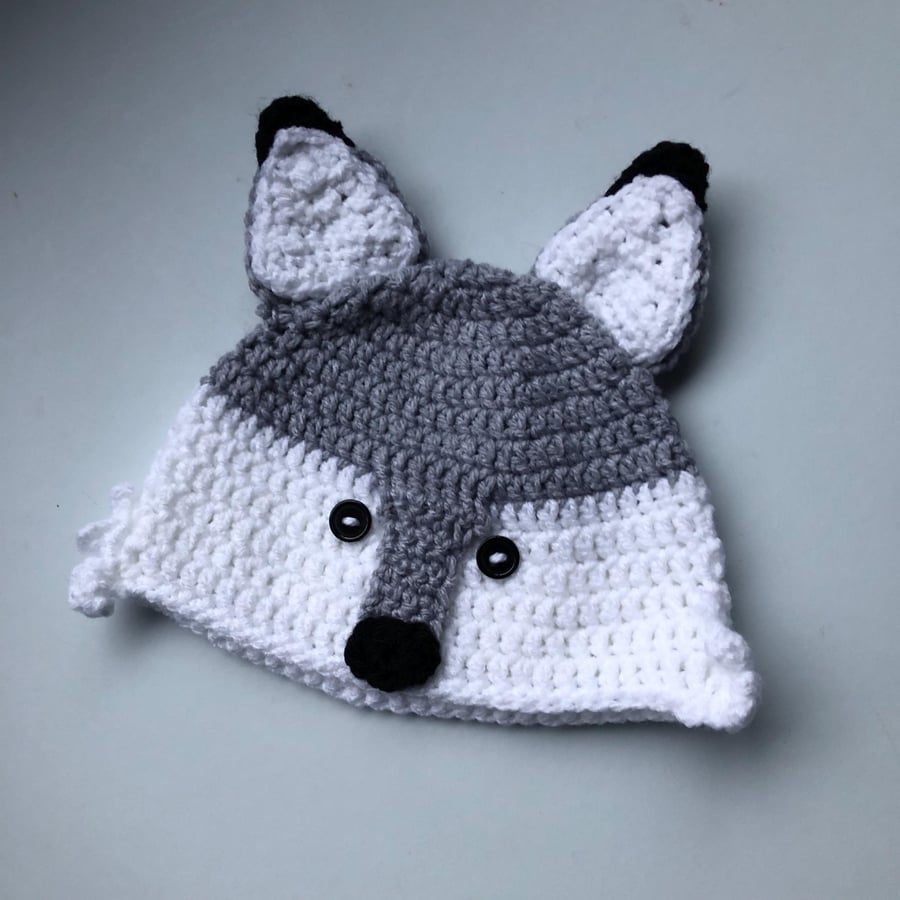 Grey Fox Crochet Knit Hat, Wolf Hat, Warm Cosy Winter Snow Hat, Fox Dressing Up 