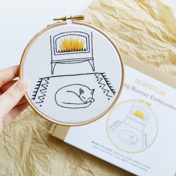 Cat & Log Burner embroidery kit