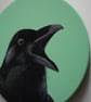 Fine art original acrylic painting black Raven bird circular mint green artwork  - Image 2