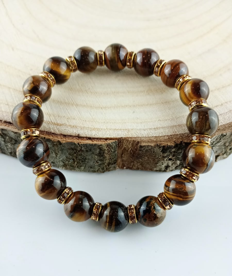 Natural Tiger Eye Bracelet -  expandable bracelet with rhinestone spacers