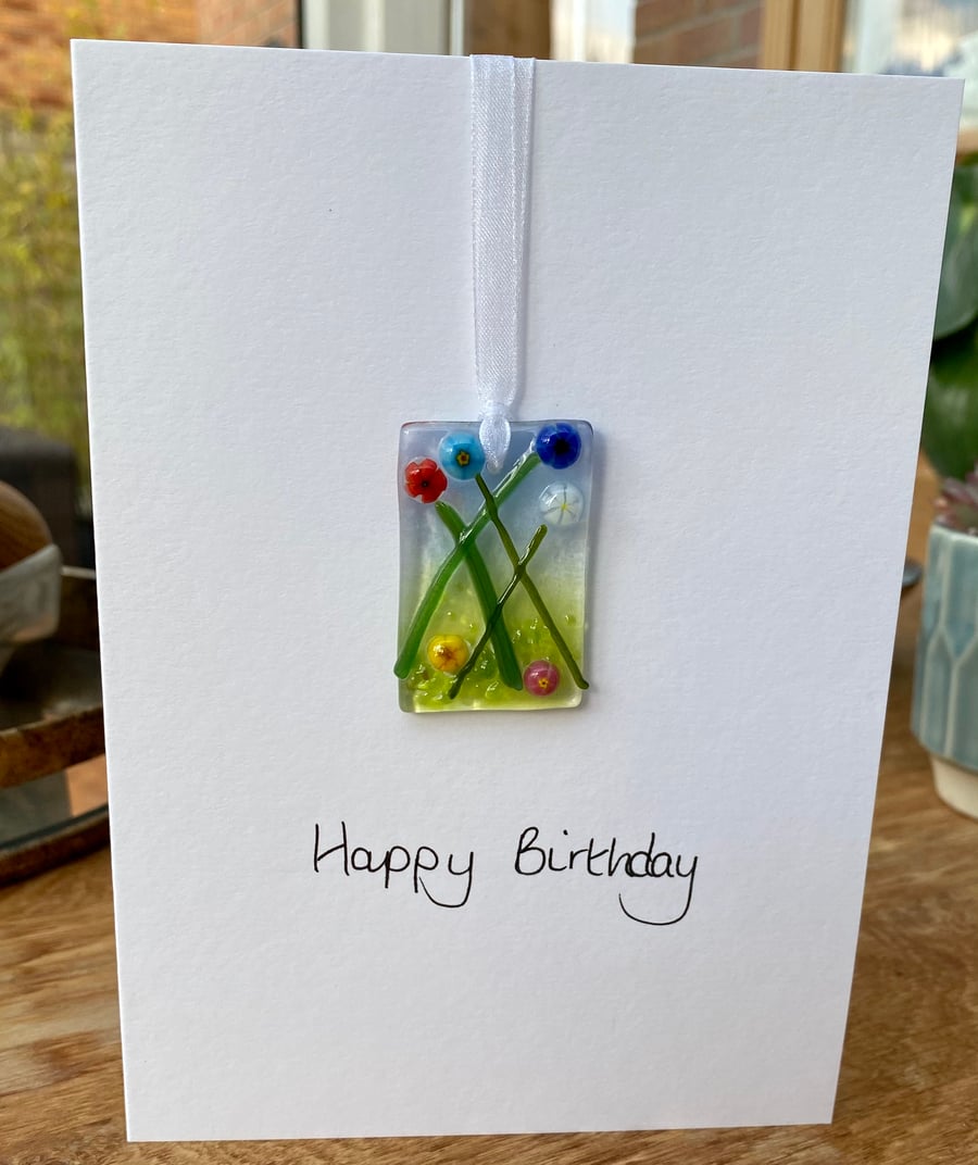 Fused glass summer stems birthday card