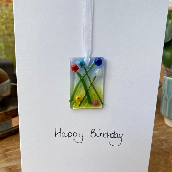 Fused glass summer stems birthday card