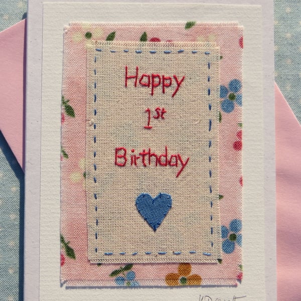 Pretty 1st Birthday card for a special little girl! Hand-stitched keepsake