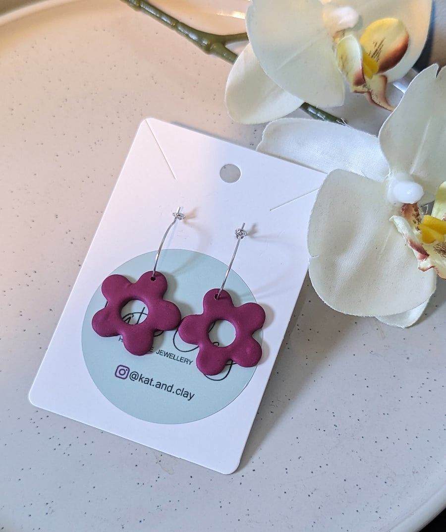 Floral Hoop Earrings - Dark Pink