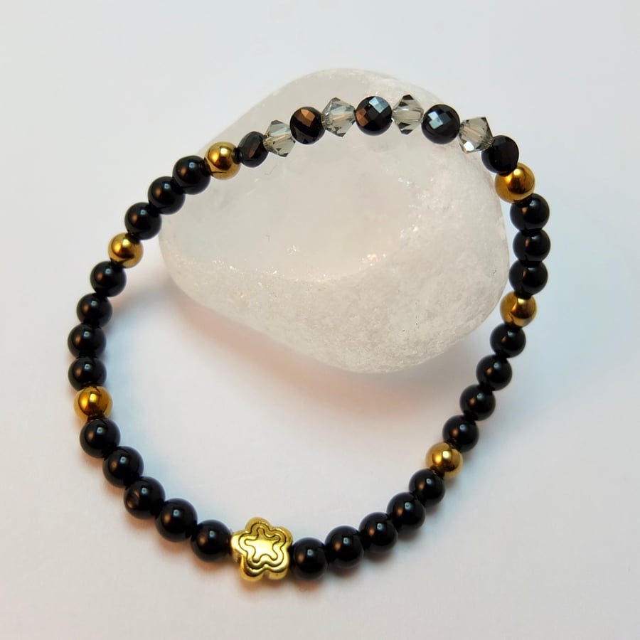 Black Spinel, Onyx, And Swarovski Crystal Bracelet - Handmade In Devon