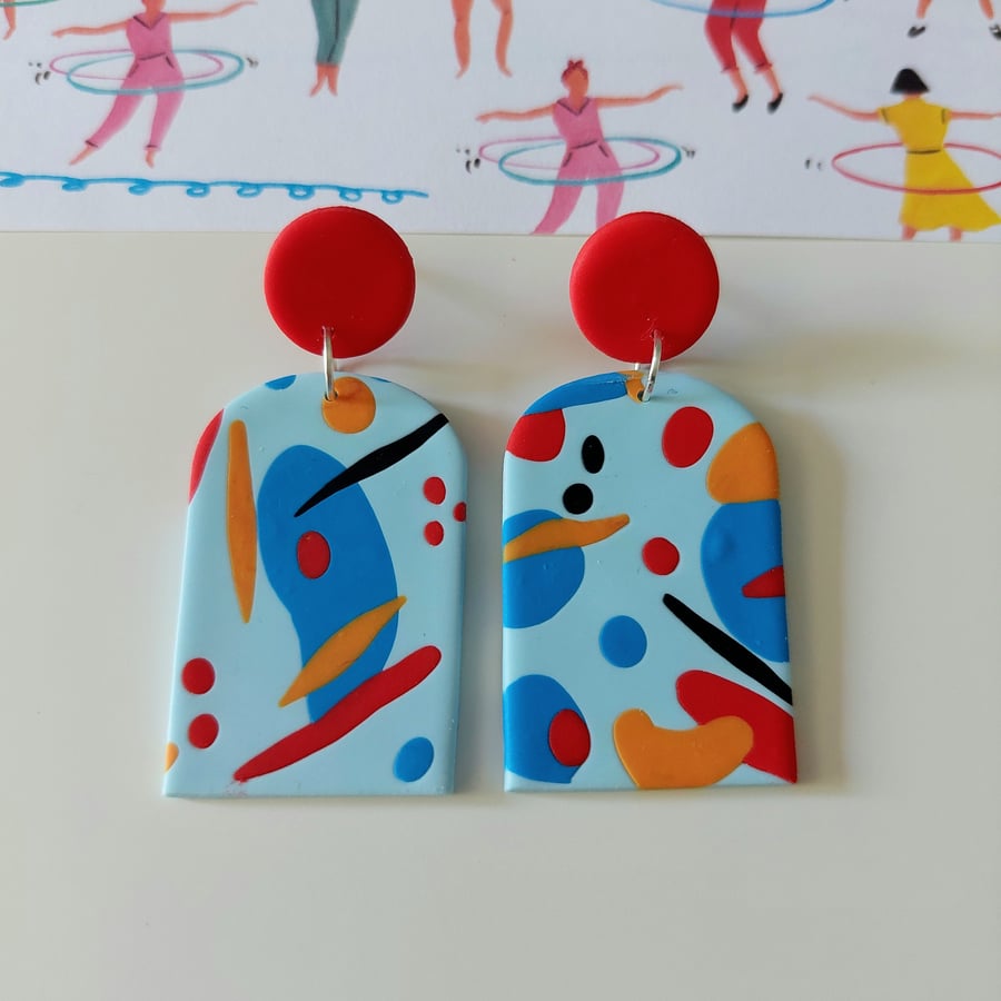 Colourful Blue and Red Abstract Polymer Clay Earrings 