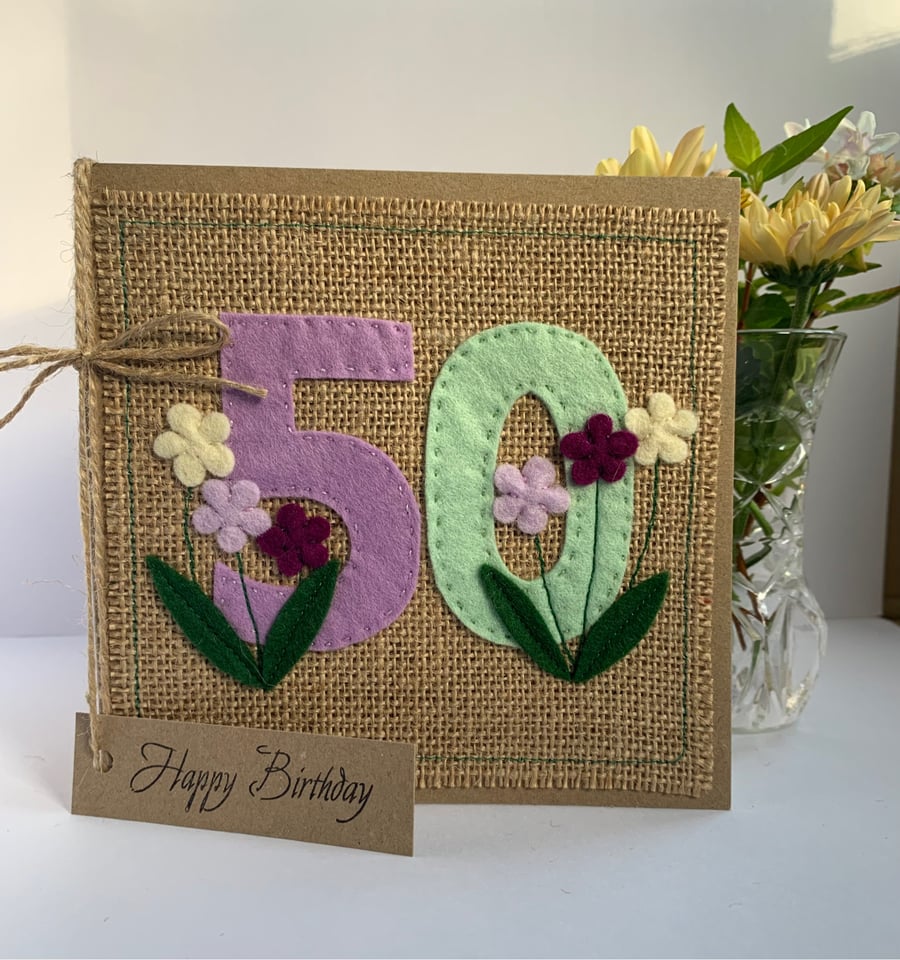 Handmade 50th Birthday Card from felt. Keepsake Card. Textile Card.
