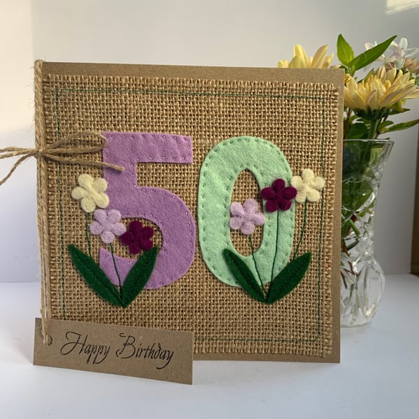 Handmade 50th Birthday Card from felt. Keepsake Card. Textile Card.