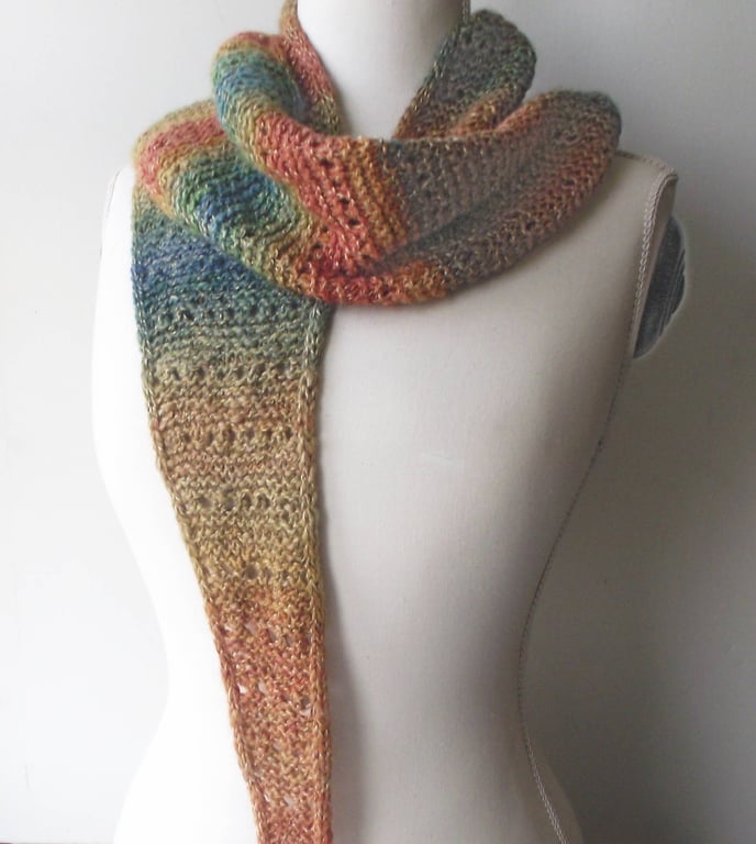 Handspun Knitted Scarf, Handspun, Knit, Merino, Flax, Linen, Boomerang, Rainbow