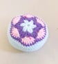 Pin cushion, flower pin cushion in pink, purple and pale blue