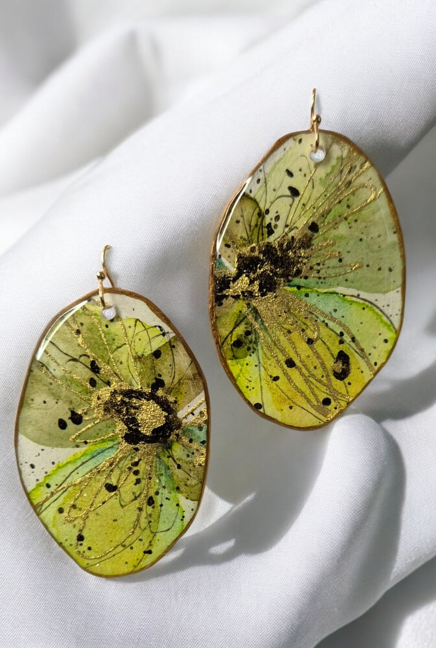 Statement Earrings, Large, Lightweight and Stylish, Green Floral, 5.7x3.8cm