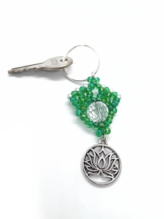 Green beaded lotus charm keyring