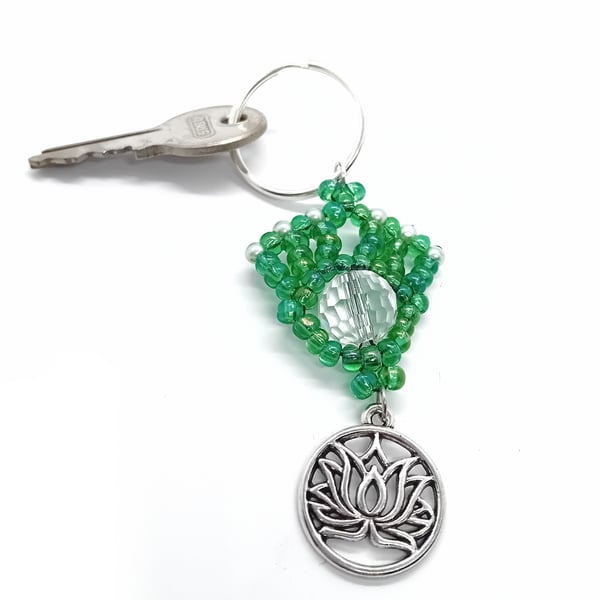 Green beaded lotus charm keyring