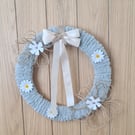 Chunky Sage Green Yarn Wrapped Wreath with Daisies & Satin Bow