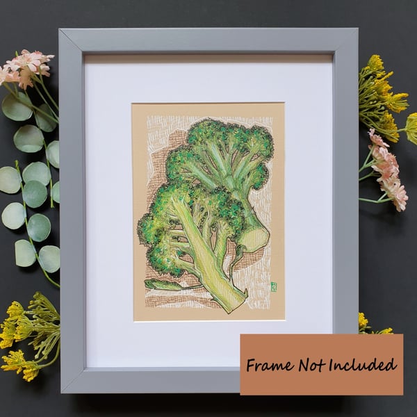 Broccoli original drawing, small kitchen art, vegetable wall art