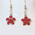 Handmade Red Flower Pendant Dangle Earrings with 14K Gold