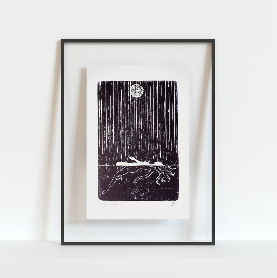 'Feeling rain' linocut art print in dark purple