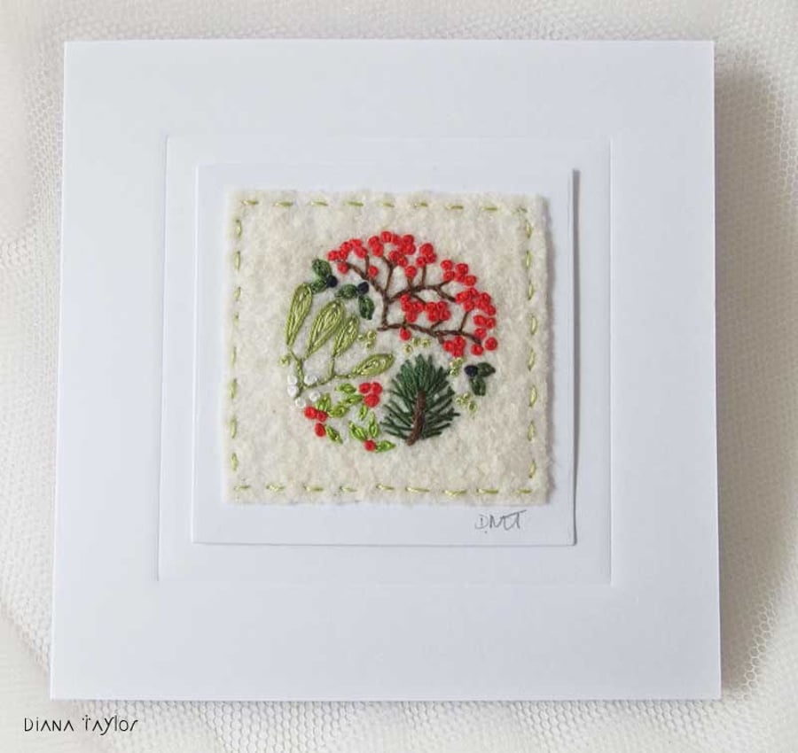 HAND EMBROIDERED CHRISTMAS CARD WINTER FOLIAGE