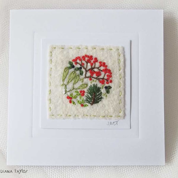 HAND EMBROIDERED CHRISTMAS CARD WINTER FOLIAGE