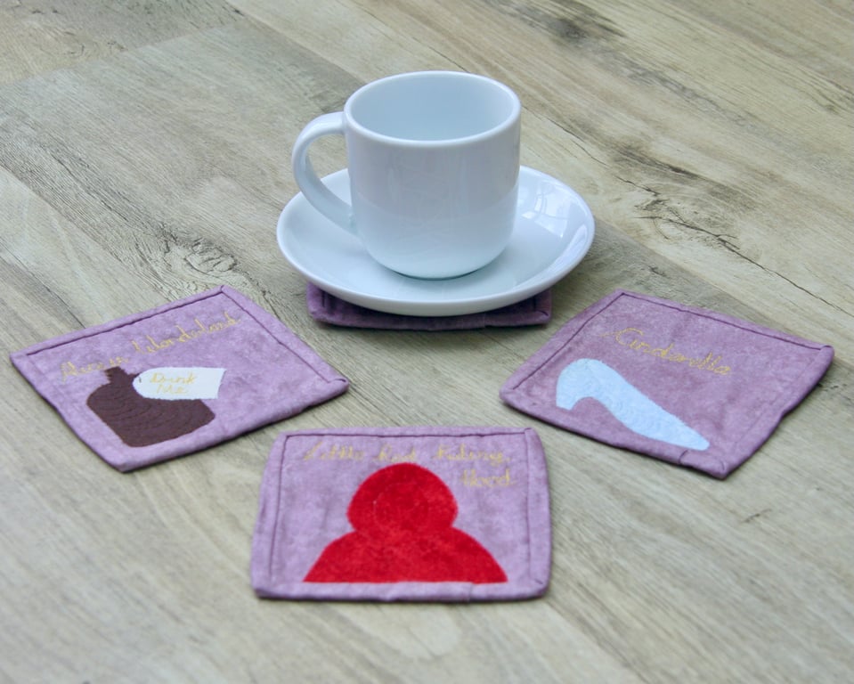 Set of four Fairytale themed Fabric Coasters with Appliqué pictures.