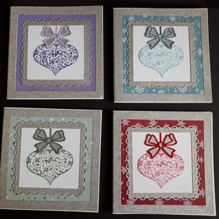 Bauble Glittery Christmas Card Pack Of 4 Silver Or Gold