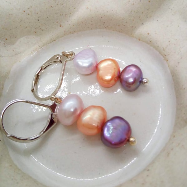 Purple Peach and Lilac Freshwater Pearl Earrings for Pierced Ears, Gift for Her
