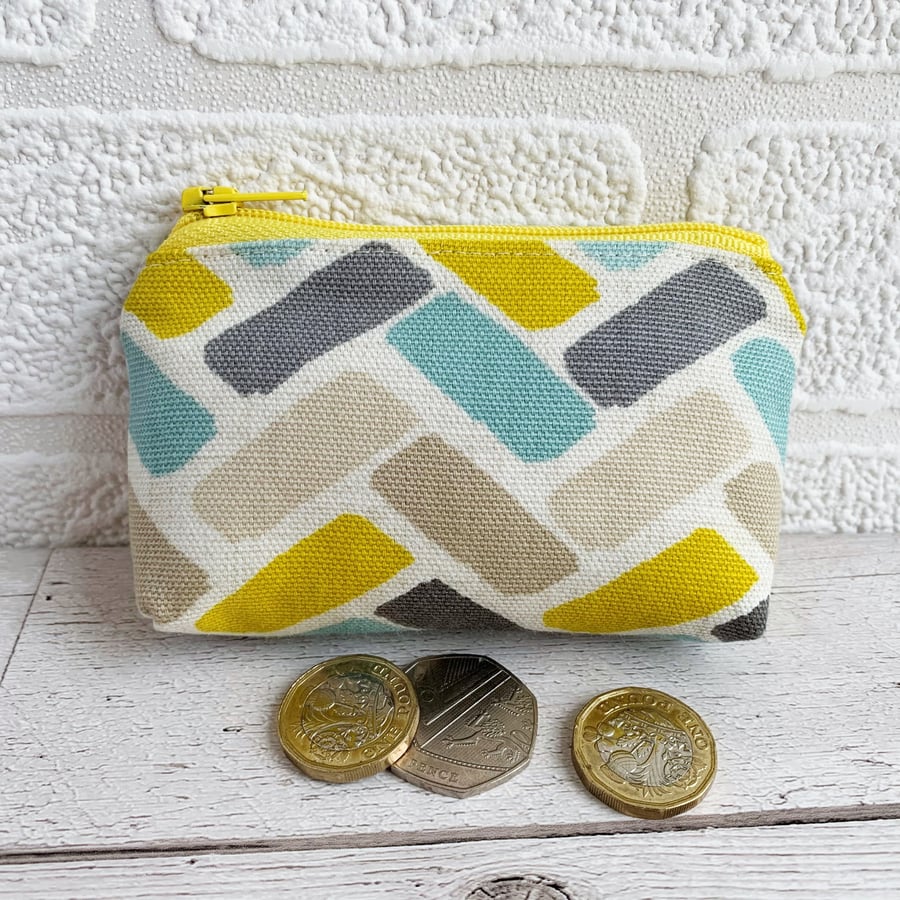 Small Purse, Coin Purse with Turquoise, Yellow and Beige Herringbone Pattern