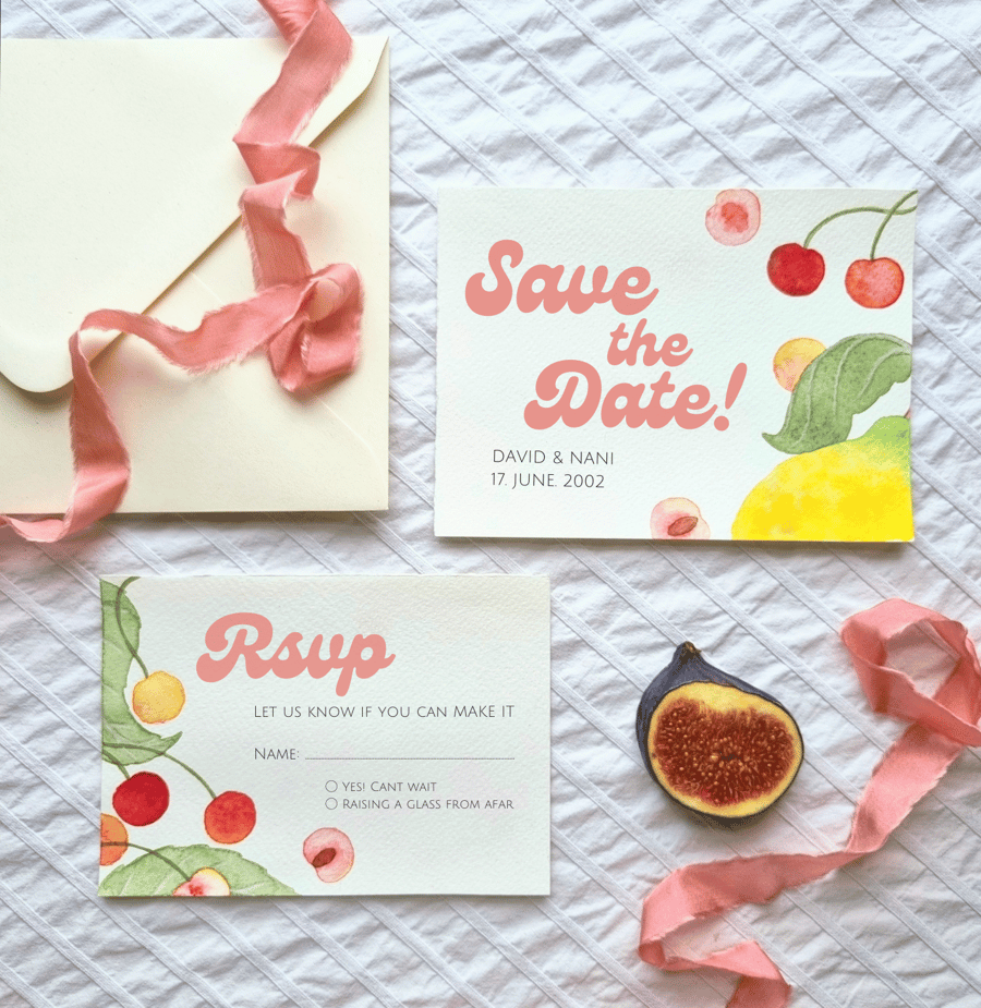 10 A6 Summer fruits RSVPs, save the dates or wedding details cards