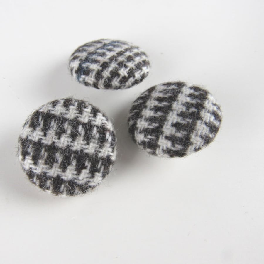 3 Small Handmade Grey Houndstooth Fabric Buttons