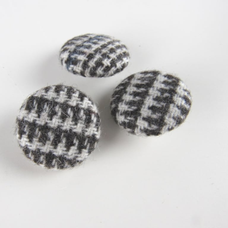 3 Small Handmade Grey Houndstooth Fabric Buttons