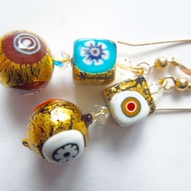 Murano glass gold earrings multicoloured with Swarovski crystal earrings.