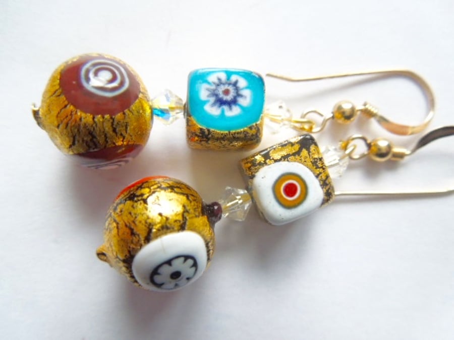 Murano glass gold earrings multicoloured with Swarovski crystal earrings.