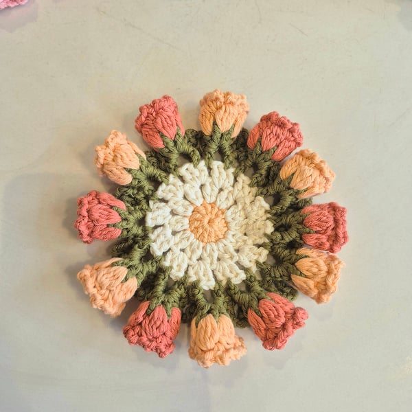 Crochet Flower Coaster with Pot – Sunset Coral Handmade Cup Mat – Tea Lover Gift