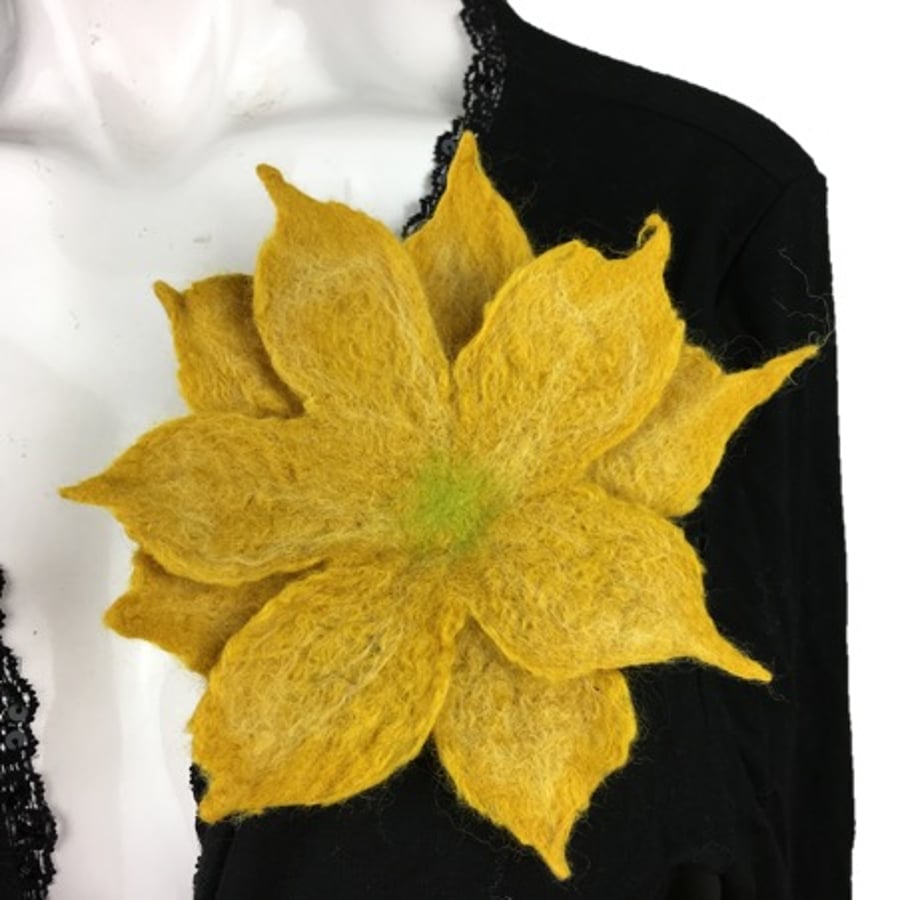 Yellow wet felted merino wool flower corsage, brooch, lapel pin