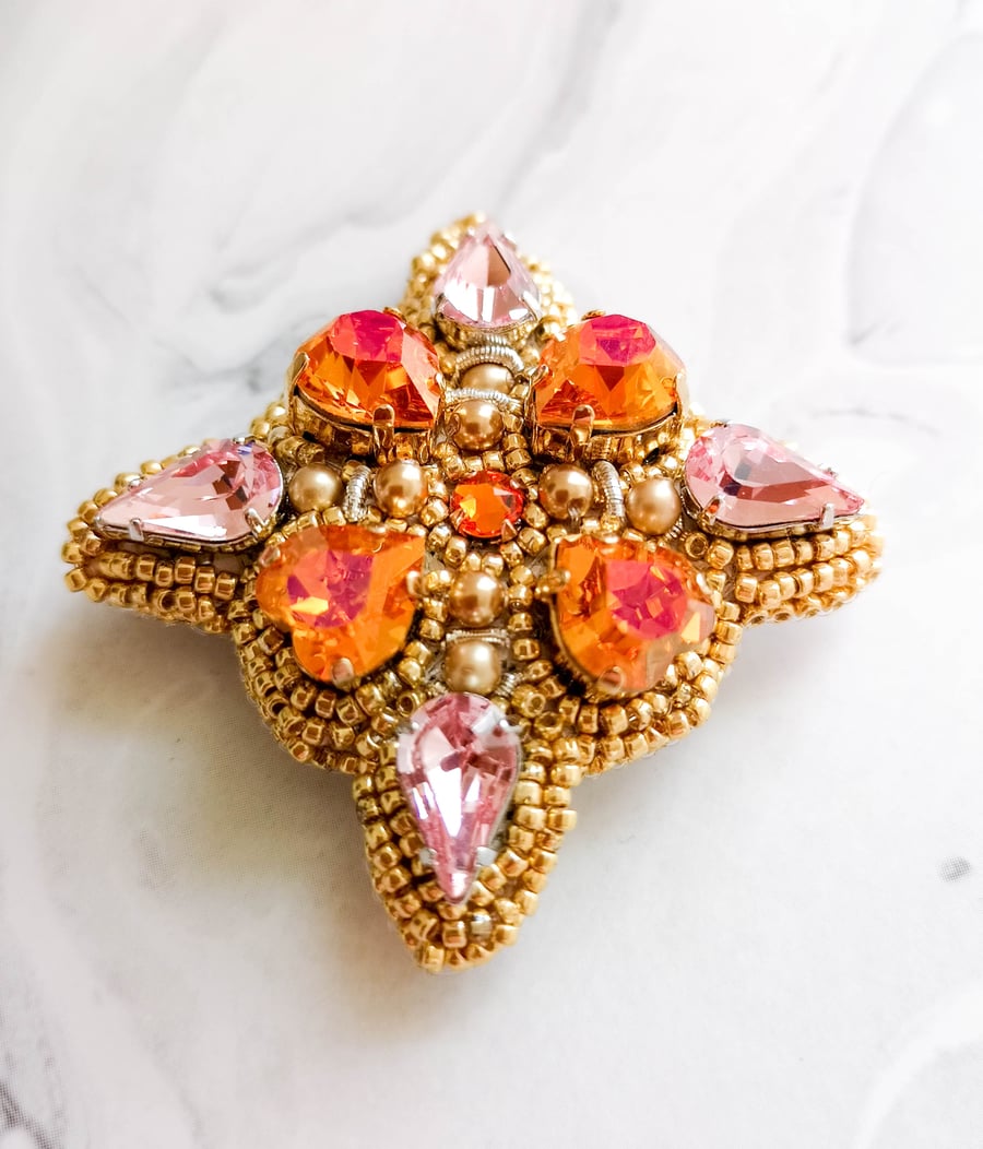 Clementine Swarovski crystal embellished beaded gold pink and orange brooch