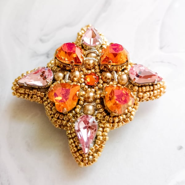 Clementine Swarovski crystal embellished beaded gold pink and orange brooch