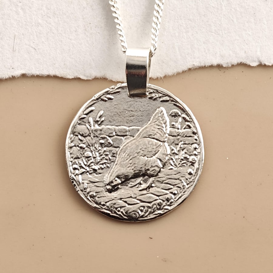 Chicken Engraved Sterling Silver Coin Necklace
