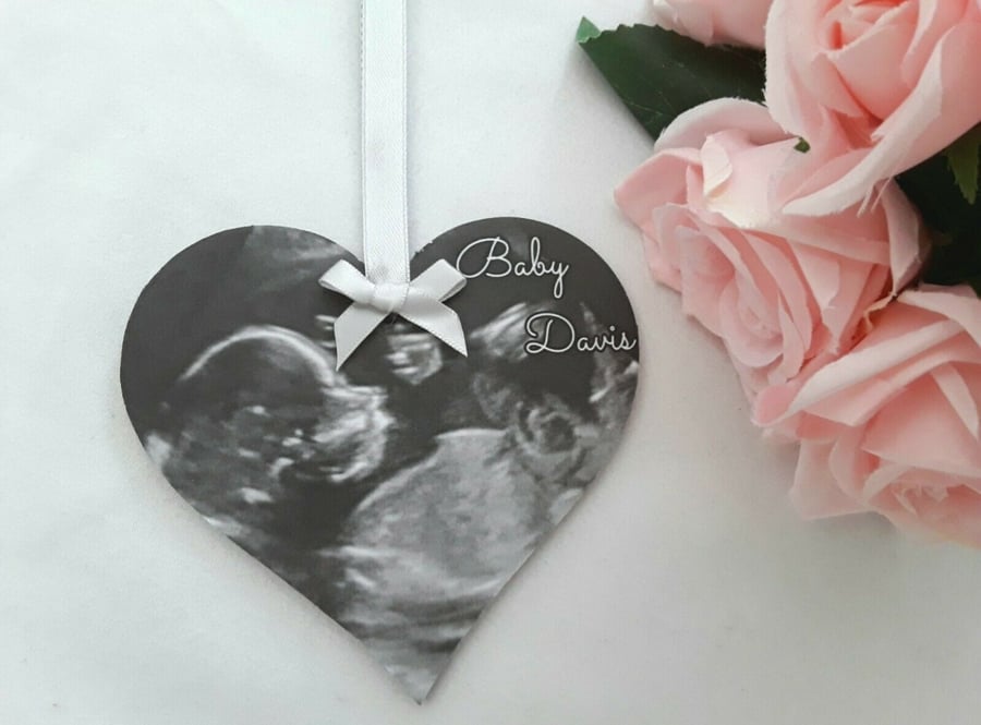 Personalised baby scan hanging wood heart,baby announcement heart wood plaque