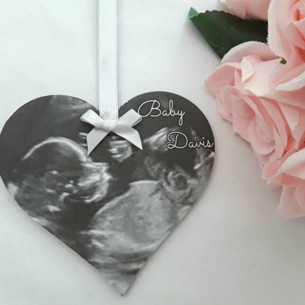Personalised baby scan hanging wood heart,baby announcement heart wood plaque