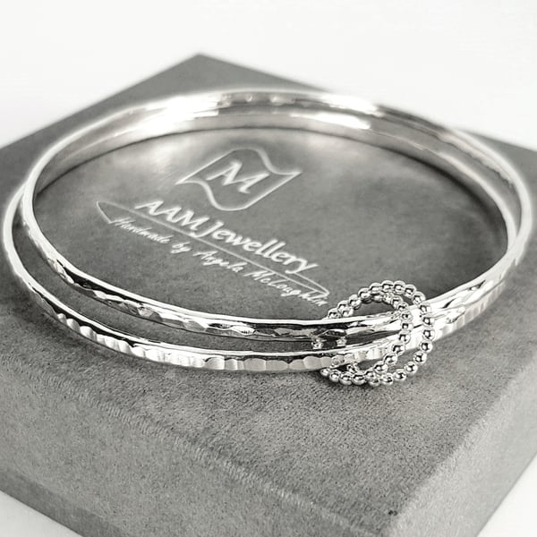 Sterling Silver Bangle Set, Two Silver Bracelets with Beaded Charms