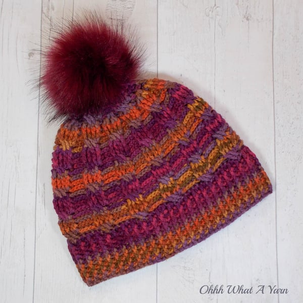 Ladies autumn shades cable pom pom hat. Crochet hat. Ladies hat.
