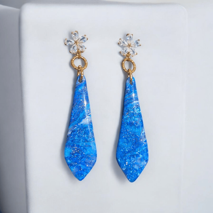 Blue marble Effect Dangle Handmade polymer clay Earring